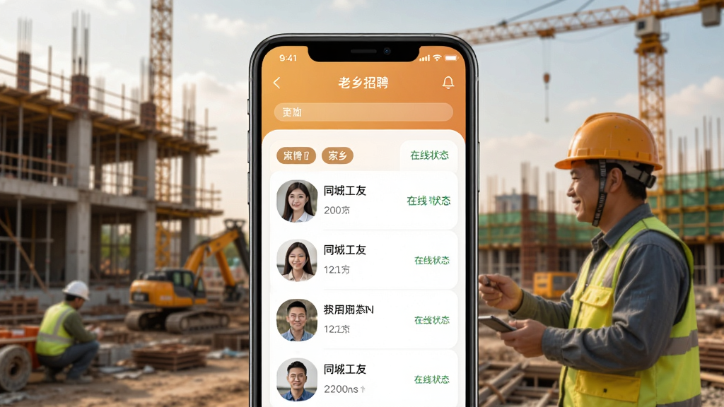 建筑工地招聘APP找老乡页面,显示同城工友列表、家乡标签、在线状态,背景为工地场景,界面温暖有人情味,现代设计风格,画质清晰
