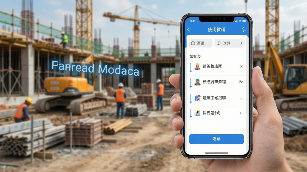 建筑工地招聘APP使用教程截图,手机操作演示,界面步骤清晰,配有文字标注,背景为工地实拍,风格写实,画质高清