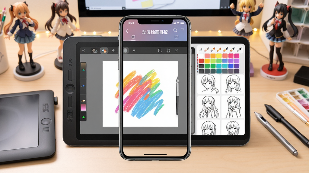 画面中央展示一款名为“动漫绘图画板”的手机应用界面,界面内显示有自由绘画画布、色彩斑斓的画笔工具和多个分类线稿缩略图。背景是温馨的工作台,周围散落着数位板、触控笔和一些动漫手办。整体布局清晰,主体突出,排版采用平视视角,风格清新明亮,细节丰富,画质高清干净,无多余元素。