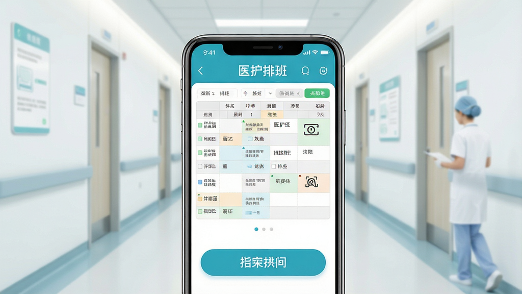 一幅展示医护排班软件主界面的高清渲染图,画面中央是一部智能手机,屏幕显示清晰的排班表格与拍照识别功能按钮,背景为简洁的医院走廊,风格现代简约,色彩明亮,画质细腻,干净无多余元素,文字标注“医护排班”