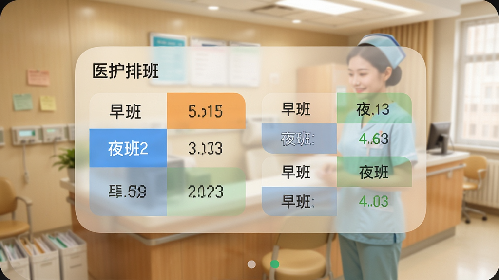 展示医护排班桌面小组件的效果,手机桌面显示一个半透明的小组件,清晰展示“早班”“夜班”等班次信息,旁边有其他同事的排班状态,背景为温馨的护士站,风格清新,画质干净,文字标注“医护排班”