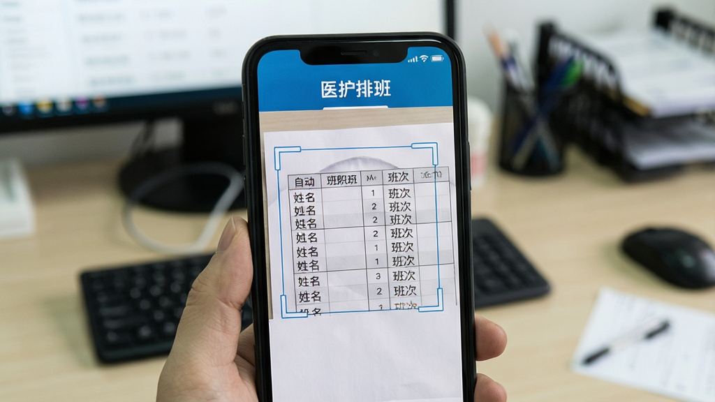 展示医护排班拍照识别功能的操作界面,手机屏幕中显示一张纸质排班表被框选,系统正在自动提取姓名与班次,界面简洁直观,背景为办公桌面,风格写实,画质清晰,干净无多余元素,文字标注“医护排班”