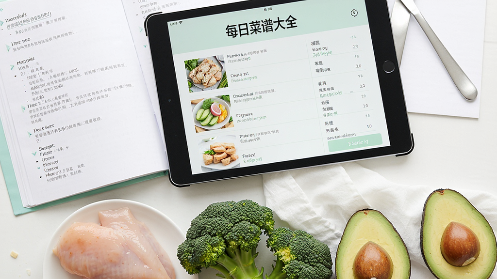图片主体为一份打开的纸质食谱和一部平板电脑,平板屏幕上显示