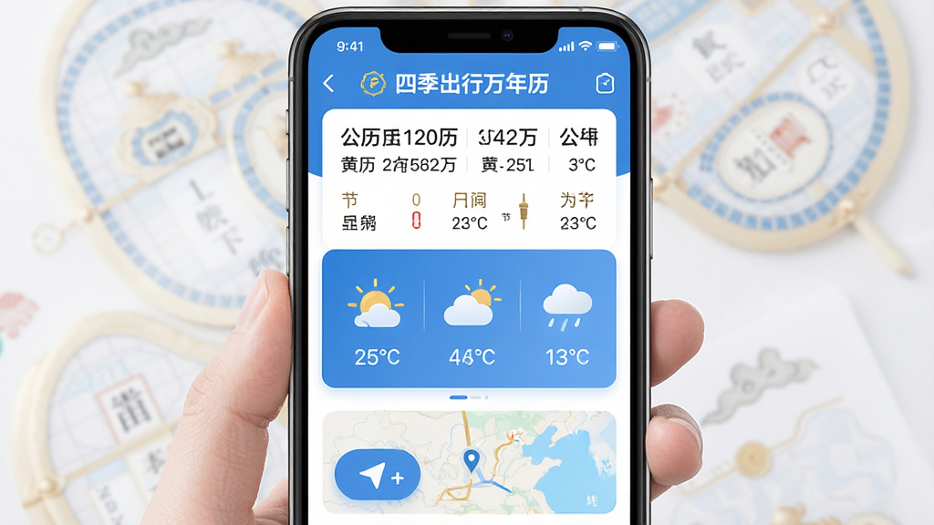 画面中央展示一款名为“四季出行万年历”的手机应用界面,界面融合了传统黄历与现代天气导航元素,上方显示公历农历双历日期与节气,中部为实时天气图标与温度,下方为地图导航按钮,整体风格简洁明亮,采用扁平化设计,色彩以蓝白为主,辅以金色点缀,画质高清,干净无多余元素。