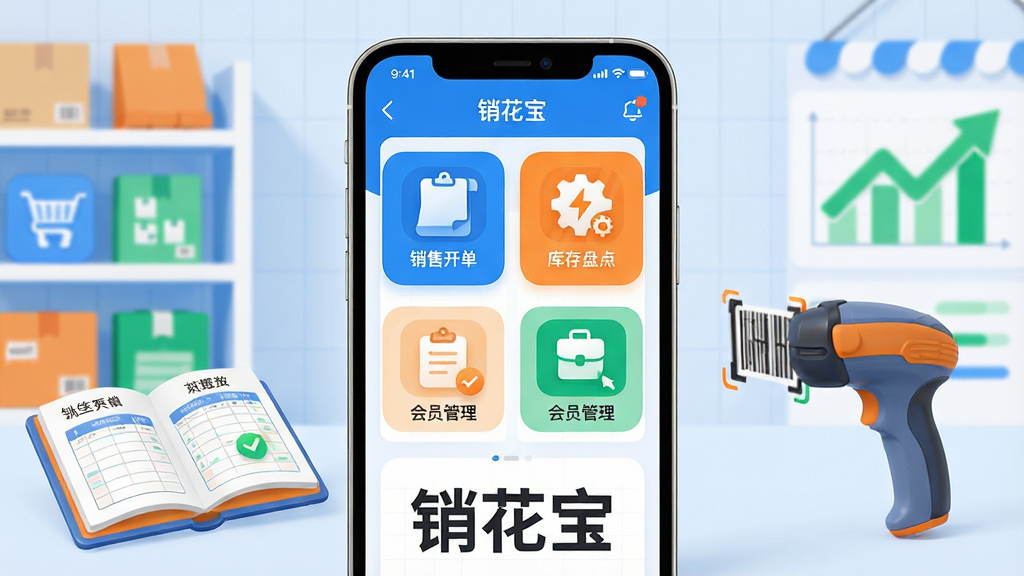 主体:一款名为“销花宝”的批发店管理软件界面展示,手机屏幕内显示销售开单、库存盘点、会员管理等核心功能模块图标,整体布局清晰。 布局:手机居中,屏幕朝前,周围环绕简洁的批发店铺场景元素,如货架、账本、扫码枪。 排版:画面中心突出软件界面,四周留白,底部搭配“销花宝”字样。 风格:现代扁平化设计,色彩明亮,以蓝色和橙色为主色调,点缀绿色表示数据增长。 细节:界面图标圆润,数据图表清晰可见,背景有淡淡的网格纹理。 画质:高清渲染,干净,无多余元素。
