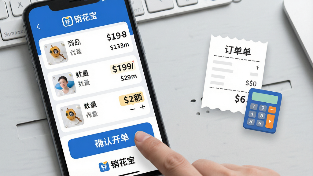 主体:手机屏幕上显示“销花宝”销售开单界面,商品列表、数量加减、金额合计清晰可见,手指正在点击“确认开单”按钮。 布局:手机占据画面左侧,右侧漂浮着订单小票和计算器图标,底部有“销花宝”品牌标识。 排版:界面列表有序排列,重点高亮金额数字,整体简洁。 风格:商务蓝白配色,圆角设计,扁平化图标。 细节:商品图片缩略图、价格字体加粗、背景为浅灰色工作台。 画质:高清,干净,无多余元素。