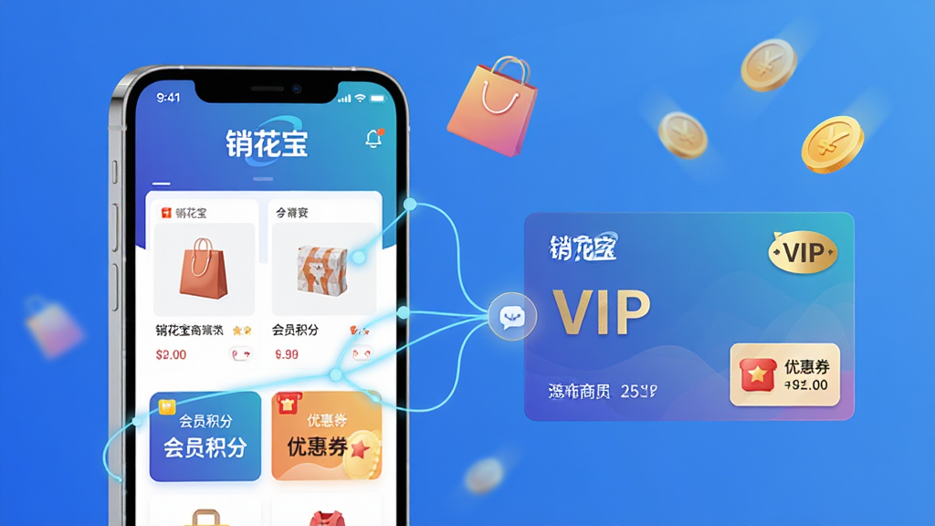 主体:一部手机和一张会员卡并排展示,手机屏幕显示“销花宝”线上商城页面,包含商品橱窗、会员积分、优惠券模块。 布局:手机在左,会员卡在右,中间有连接线条表示互动,背景为渐变蓝色。 排版:画面平衡,商城页面元素清晰可辨。 风格:时尚科技感,渐变色彩,简洁明快。 细节:会员卡上印有“VIP”字样,手机屏幕上显示“销花宝”LOGO,背景有悬浮的购物袋、金币图标。 画质:高清渲染,干净,无多余元素。