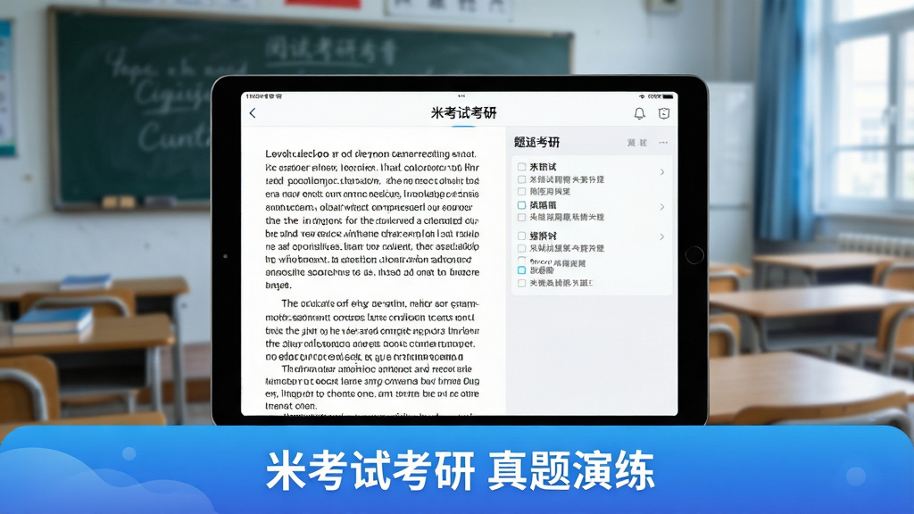 图片主体是一块平板电脑,平板上展示着“米考试考研”的答题界面,左侧是英语文章,右侧是题目选项,页面设计简洁清晰。平板后方背景是模糊的教室场景,有黑板和课桌椅。布局采用平板居中构图,画面下方有一条蓝色渐变的功能栏,上面写着“米考试考研 真题演练”字样。风格为现代扁平化UI设计展示,结合真实环境渲染,色调清冷,突出专业感。细节上,屏幕内的文字内容应呈现为英语阅读段落,画质干净,无多余元素。