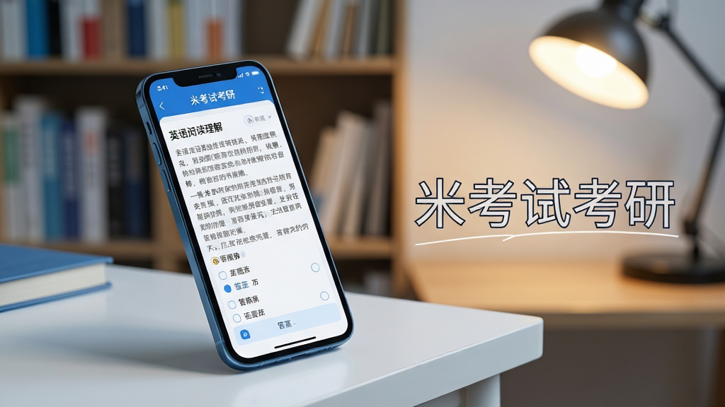 画面主体为一部亮着屏幕的智能手机,屏幕上清晰显示“米考试考研”APP的界面,界面内有英语阅读理解文章和答题选项。手机斜放在一张整洁的书桌一角,背景是虚化的书架和温暖的台灯光晕。整体布局采用手机居中偏左的构图,右侧留白处用简洁线条勾勒出“米考试考研”字样。画面风格为写实摄影与轻度插画结合,色调以蓝色和白色为主,营造出专注、宁静的学习氛围。细节上,屏幕中的文字清晰可辨,光线柔和自然,画质高清干净,无多余元素。