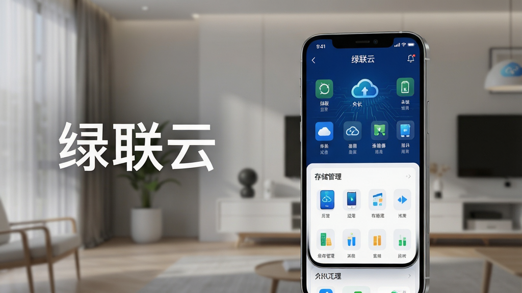 主体:绿联云手机App界面展示,背景为现代简约的智能家居环境,手机屏幕清晰显示绿联云的控制面板和存储管理模块。布局:手机位于画面中央偏右,左侧留白放置文字“绿联云”字样。排版:界面图标整齐排列,色彩以深蓝色和白色为主,突出科技感。风格:写实渲染,光线柔和,细节丰富。画质:8K超清,干净无多余元素。