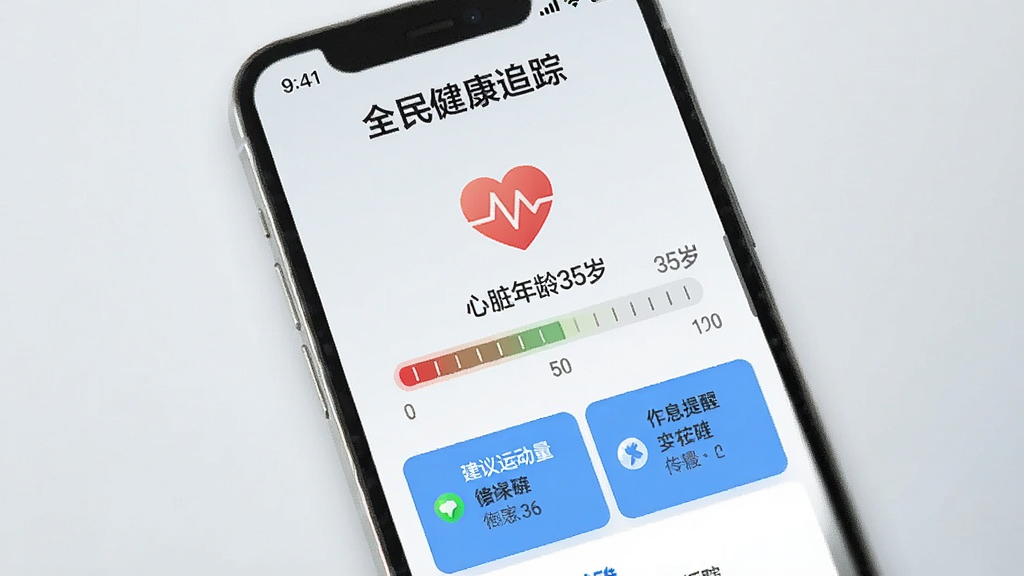 手机屏幕显示“全民健康追踪”心脏测评结果页面,以心脏图标和年龄标尺展示“心脏年龄35岁”,下方有建议运动量和作息提醒,背景为浅灰色渐变,搭配蓝色数据卡片,画质清晰,干净无多余元素。