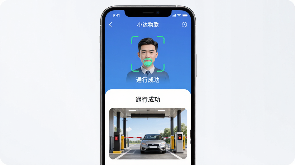 主体是“小达物联”APP界面展示“智慧通行”功能,布局为手机屏幕居中,上方显示人脸识别成功动画,下方为车辆道闸开启场景,排版清晰,风格写实科技,细节包括屏幕内“通行成功”字样,画质高清,画面干净。