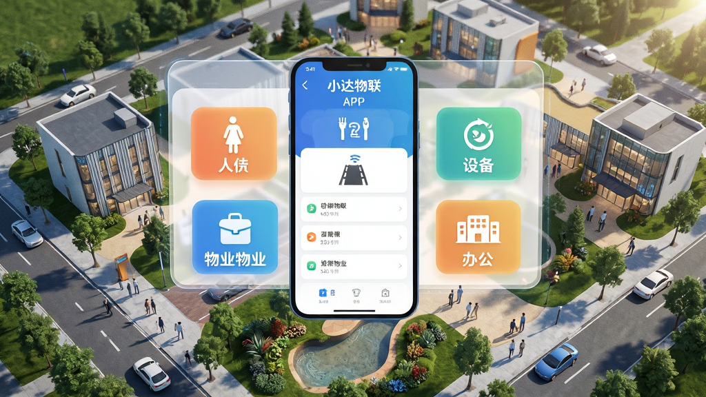 一幅现代智慧园区鸟瞰图,主体是“小达物联”APP界面悬浮于园区之上,布局清晰展示人行、车行、设备、物业、办公五大模块图标,排版错落有致,风格科技感与温馨感并存,细节包括园区内穿梭的人群与车辆,画质高清,画面干净,无多余元素。