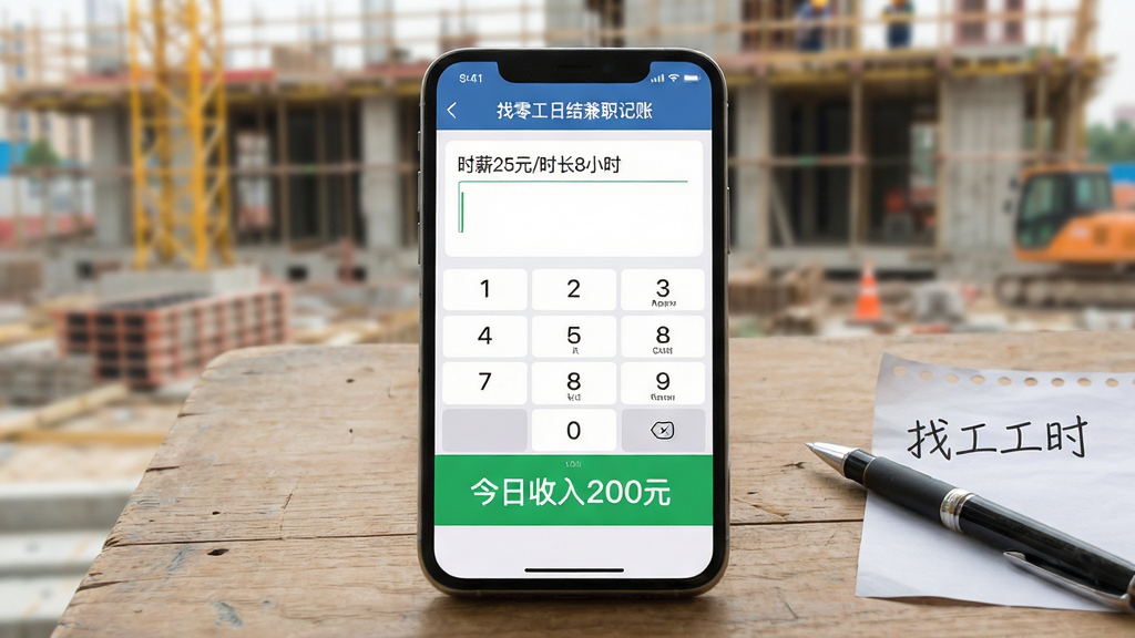 主体:手机APP“找零工日结兼职记账”的记账页面特写,屏幕上有数字键盘和“时薪25元/时长8小时”的输入示例,下方自动显示“今日收入200元”的绿色大字。布局:手机平放在木桌上,旁边放着一支笔和一张写有工时的纸条,背景是模糊的工地场景。排版:手机屏幕内容清晰居中,文字简洁醒目。风格:写实摄影,浅景深效果,光线明亮,细节真实,画质干净,无多余元素。