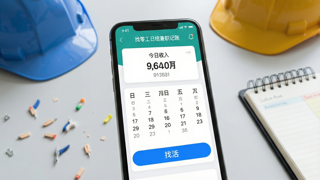 主体:一部智能手机屏幕占据画面中心,屏幕内清晰显示“找零工日结兼职记账”APP主界面,界面顶部有“今日收入”数字卡片,下方是日历打卡记录和蓝色“找活”按钮。布局:手机略微倾斜,背景为干净浅灰色工作台,桌面放有安全帽和记账本,营造真实零工场景。排版:手机屏幕内容占据视觉焦点,文字标签醒目,四周留白干净。风格:写实摄影风格,光线柔和自然,色彩明亮真实,细节丰富,画质干净,无多余元素。
