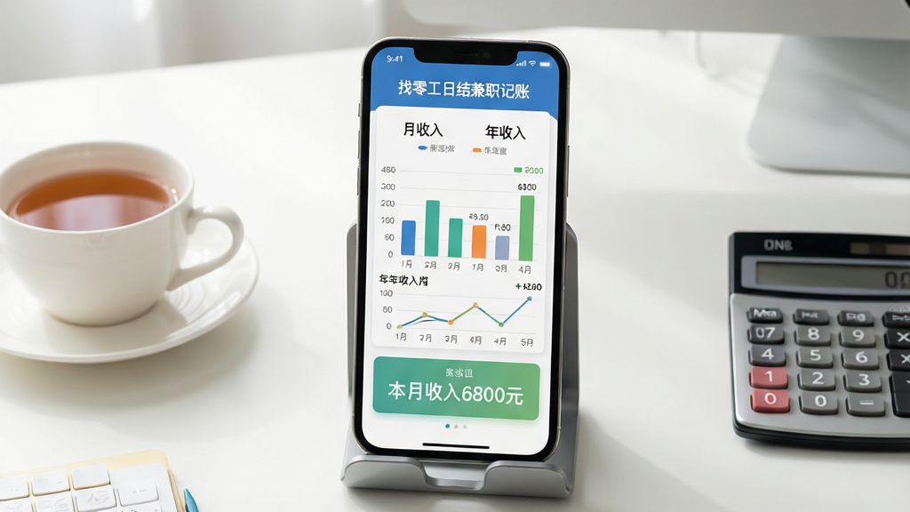 主体:手机屏幕显示“找零工日结兼职记账”的统计报表界面,包含月收入柱状图和年收入折线图,数据标注清晰,底部有“本月收入6800元”的汇总卡片。布局:手机竖立于桌面支架上,背景是干净的工作台,旁边有一杯茶和计算器。排版:屏幕内图表布局均衡,色彩区分明显。风格:扁平化设计结合写实光影,色调清新,细节丰富,画质干净,无多余元素。