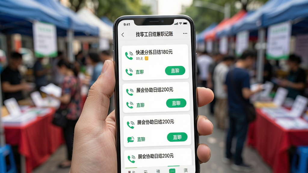 主体:手机屏幕展示“找零工日结兼职记账”的找活页面,列表显示多个日结岗位卡片,如“快递分拣日结180元”、“展会协助日结200元”,每个卡片上有电话图标和“直聊”按钮。布局:手机持握在手中,背景是热闹的招工市场,人群虚化。排版:屏幕内列表清晰,按钮醒目。风格:写实摄影,动感活力,光线自然,画质干净,无多余元素。