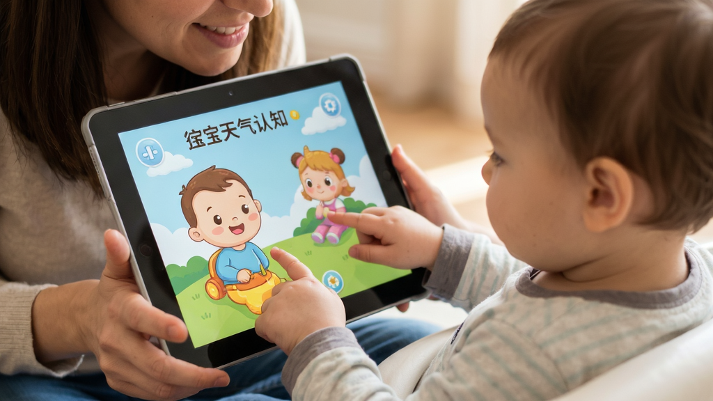 宝宝天气认知 家长陪同 孩子使用平板 操作界面 温馨 卡通 高清画质 干净