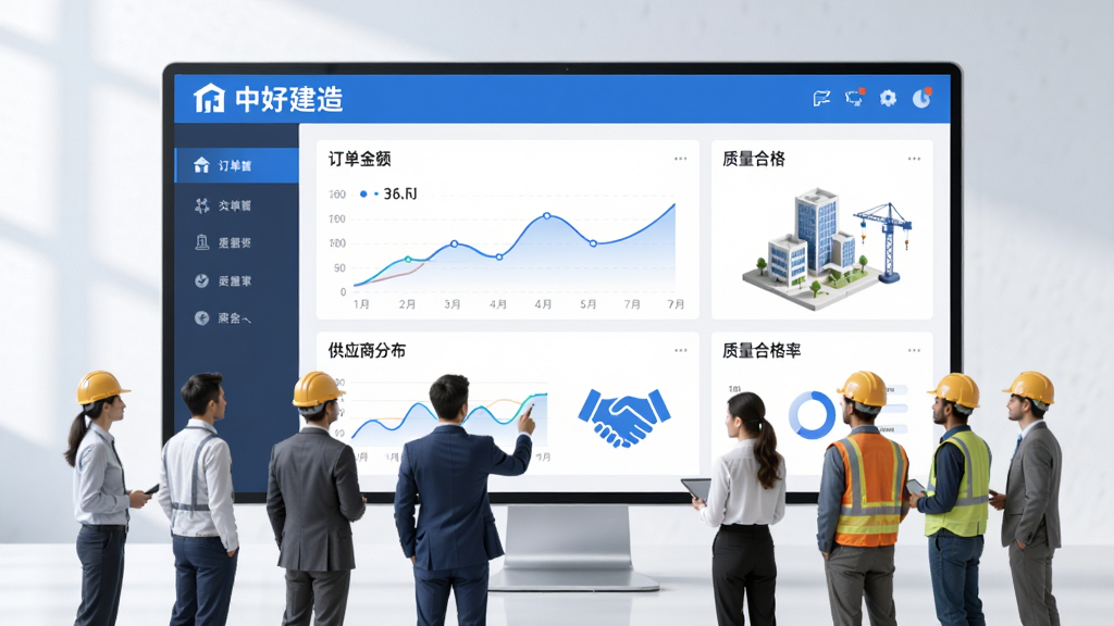 一幅展示“中好建造”建采云采购平台的横版概念图,主体是一个大型电子屏幕,屏幕上显示采购交易数据看板,包括订单金额、供应商分布、质量合格率等指标,屏幕前方有建筑行业人士正在查看,布局为居中构图,排版现代商务,风格简洁明亮,细节包括数据曲线、建筑模型、握手图标,画质高清干净,无多余元素
