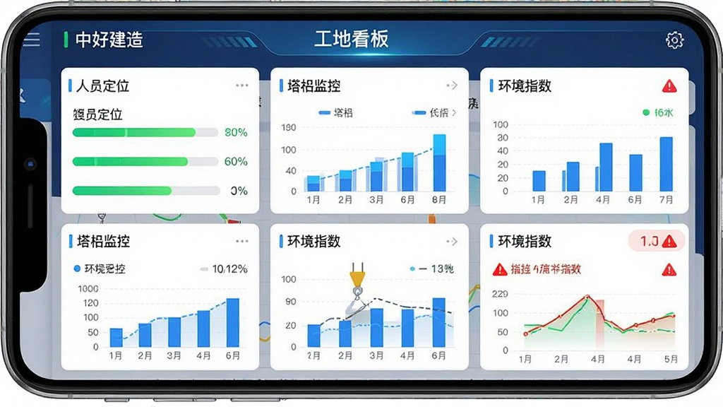 一张展示“中好建造”智慧工地管理功能的手机截图风格图片,主体是APP内的工地看板界面,显示人员定位、塔吊监控、环境指数等数据卡片,布局为上下分栏,排版清晰,风格写实且带科技感,细节包括绿色进度条、蓝色数据图表、红色预警提示,画质高清干净,无多余元素