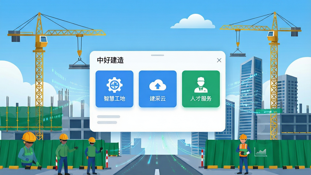 一幅展示建筑工地数字化管理场景的横版插图,主体是“中好建造”APP界面悬浮在现代化智慧工地之上,界面中清晰显示“智慧工地”、“建采云”、“人才服务”等模块图标,背景是塔吊、高楼和蓝天白云,布局层次分明,排版简洁大气,风格偏向科技感与商务风,细节包括工人安全帽、绿色施工围挡、数据流动线条,画质高清干净,无多余元素