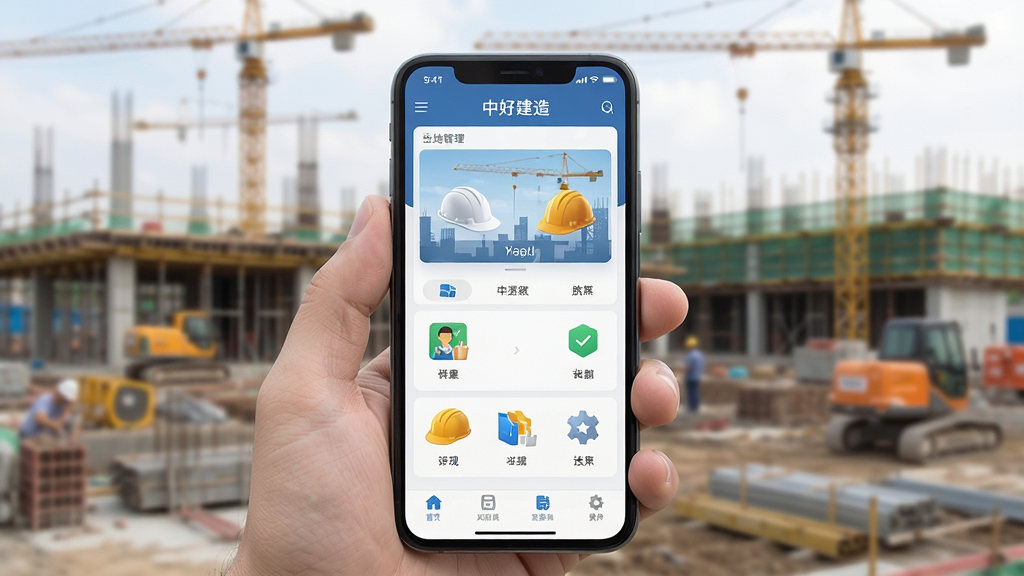 一张展示“中好建造”APP在手机上使用的实拍图,主体是一只手拿着手机,屏幕上显示工地管理主界面,背景是模糊的施工现场,布局自然,排版简洁,风格写实,细节包括屏幕中的功能图标、安全帽、塔吊,画质高清干净,无多余元素