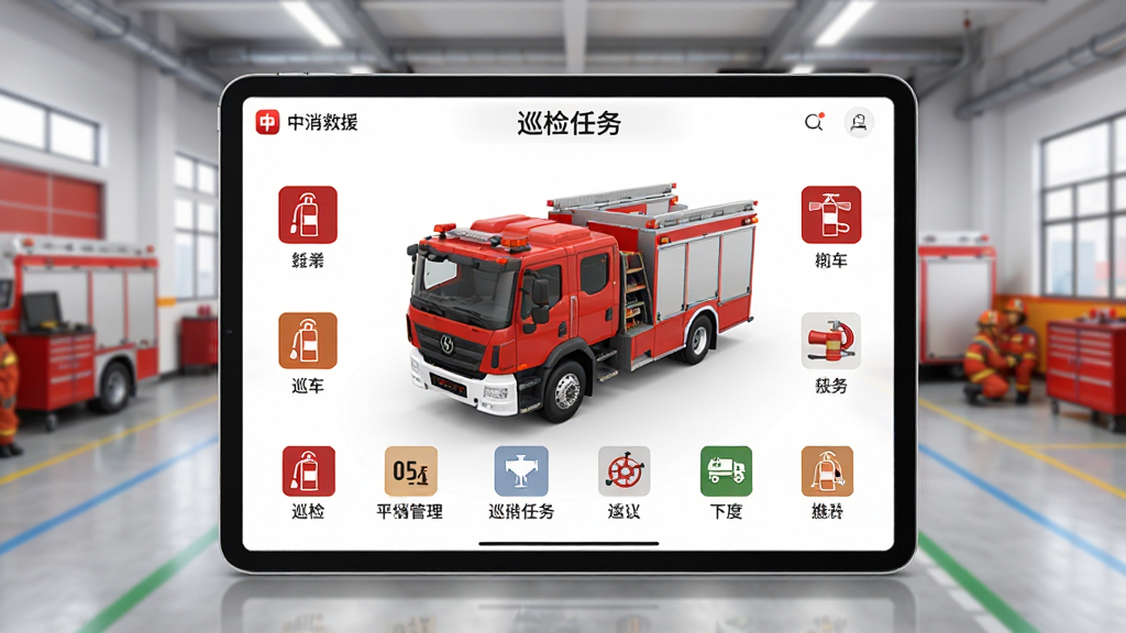 中消救援app车辆设施管理界面,平板展示消防车3D模型和巡检任务列表,周围有消防器材图标,背景为消防站内部,色调明亮,科技感强,画质清晰,无多余元素