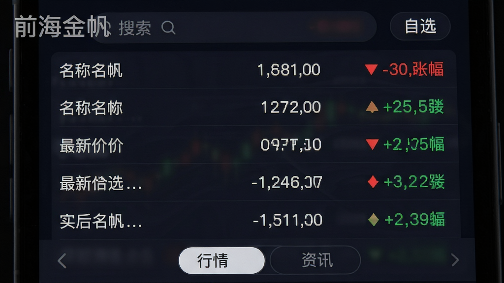 主体:前海金帆App的行情页面,展示多只股票的实时价格和涨跌幅。布局:列表形式,每行显示股票名称、最新价、涨跌幅,涨为红色,跌为绿色。排版:数据对齐美观,顶部有搜索框和“自选”标签。风格:专业金融终端风格,背景深色,数据明亮。细节:屏幕左上角有“前海金帆”水印,列表下方有“行情”、“资讯”切换标签。画质:超清,干净,无多余元素。