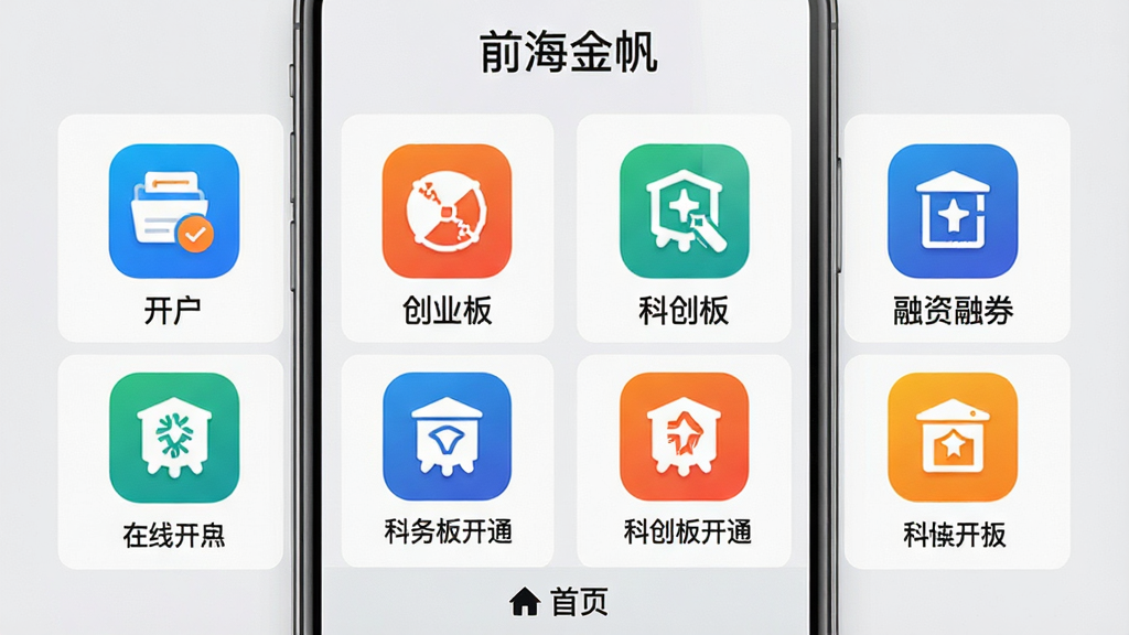 主体:前海金帆App的“业务办理”页面,展示在线开户、创业板开通、科创板开通等功能图标。布局:页面以网格形式排列功能模块,每个图标下方有文字标签。排版:图标设计统一,色彩鲜明,背景为浅灰色。风格:简洁商务风,强调功能清晰易找。细节:屏幕顶部显示“前海金帆”字样,中间图标包括“开户”、“创业板”、“科创板”、“融资融券”等,底部有“首页”返回按钮。画质:高清渲染,干净,无多余元素。