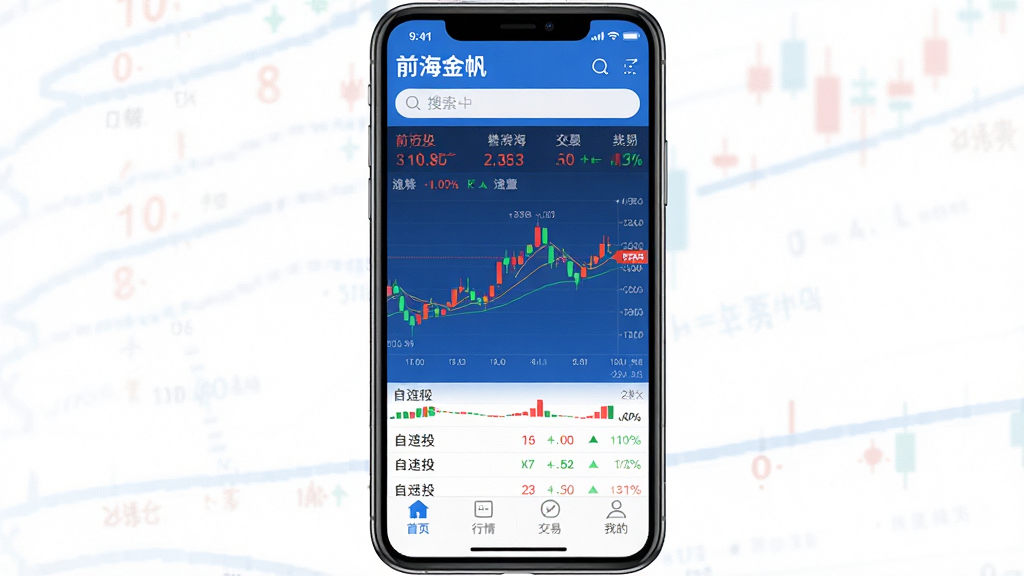 主体:智能手机屏幕展示前海金帆App主界面,界面清晰显示股票行情图表、自选股列表与底部导航栏。布局:手机居中,屏幕内容占比大,周围留白简洁。排版:界面元素排列整齐,红涨绿跌的行情数据醒目。风格:现代扁平化设计,蓝色主题色调,科技感强。细节:屏幕中显示“前海金帆”APP名称,顶部有搜索栏,中部K线图,底部有“首页、行情、交易、我的”四个标签。画质:4K超清,干净,无多余元素。