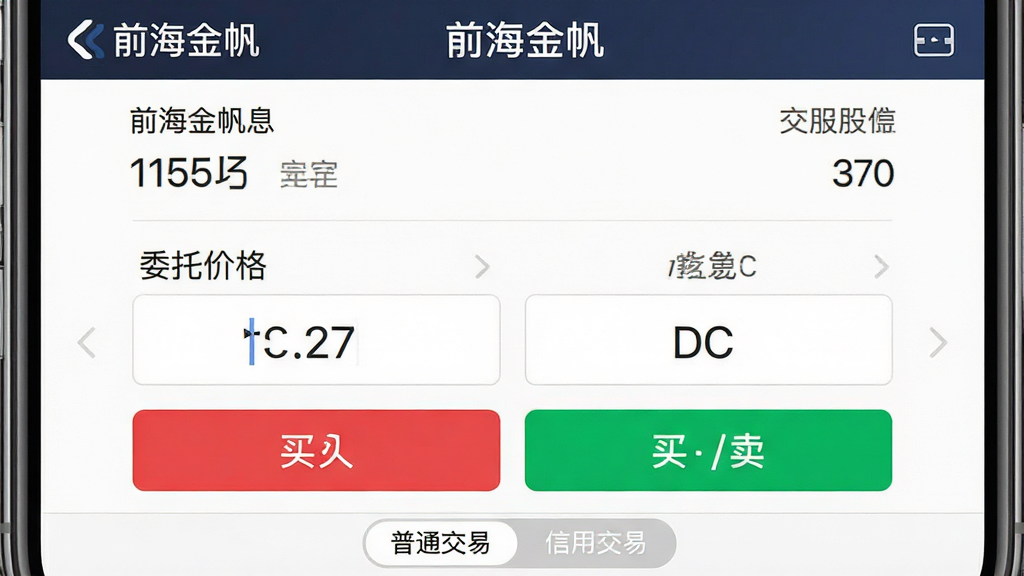 主体:前海金帆App的交易下单界面,显示股票代码、委托价格、委托数量以及买入/卖出按钮。布局:上下结构,上方为股票信息,中间为价格和数量输入框,下方为操作按钮。排版:输入框数字清晰,按钮颜色醒目。风格:清爽简洁,重点突出交易功能。细节:屏幕有“前海金帆”Logo,买入按钮为红色,卖出按钮为绿色,界面底部有“普通交易”、“信用交易”切换。画质:高清,干净,无多余元素。