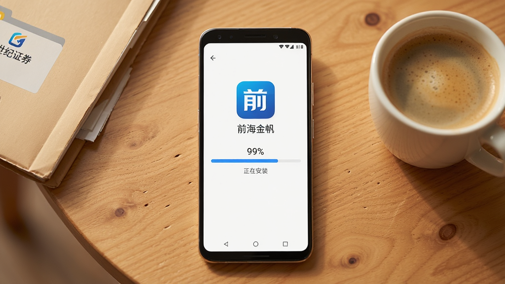 主体:一部安卓手机正在安装前海金帆App,安装进度条显示“99%”。布局:手机居中,背景为木色桌面,旁边有一杯咖啡。排版:安装界面简洁,进度条为蓝色。风格:生活化场景,温馨感。细节:手机屏幕显示“前海金帆”图标,进度条下方有“正在安装”字样,桌面有“世纪证券”文件夹。画质:高清,干净,无多余元素。