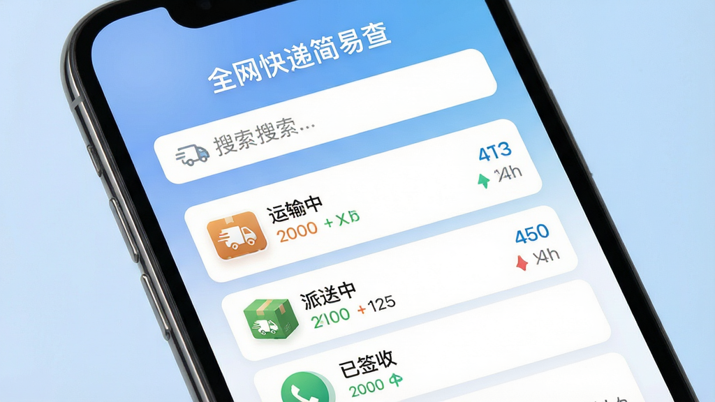 一张智能手机屏幕特写,屏幕正中间显示“全网快递简易查”APP的简洁主界面,界面上方是一个明显的搜索框,下方以卡片形式清晰列出几个快递包裹的物流状态,如“运输中”、“派送中”和“已签收”,背景为柔和的渐变蓝色,整体布局清爽、现代,画质高清,干净无多余元素,突出APP的易用性和专业性。