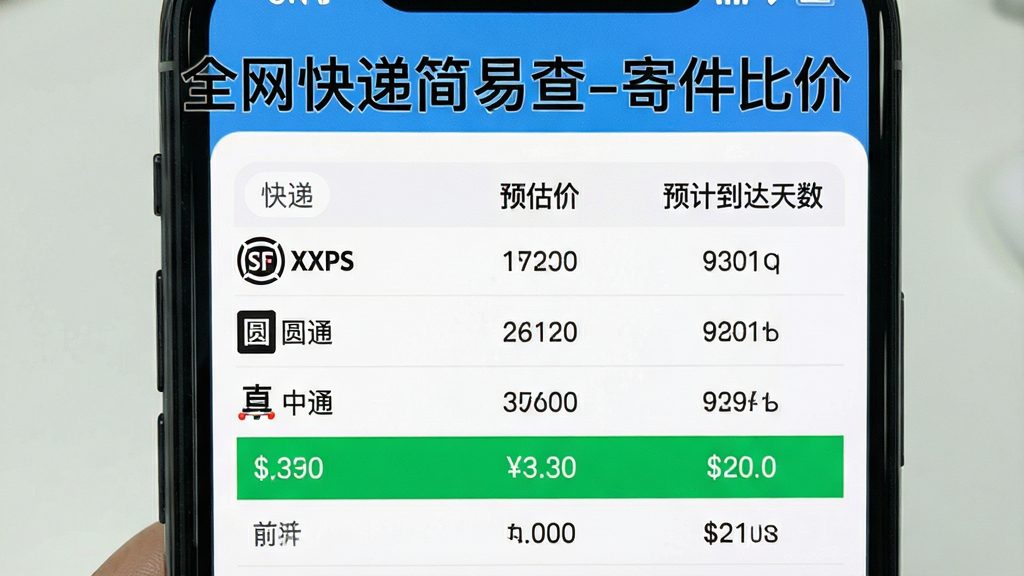 一张手机应用界面图,顶部显示“全网快递简易查-寄件比价”字样,界面主体是一个对比表格,清晰罗列了顺丰、圆通、中通等快递公司的名称、预估价格和预计到达天数,价格最低的一行被高亮绿色标记,背景简洁明亮,画质清晰,无多余元素。