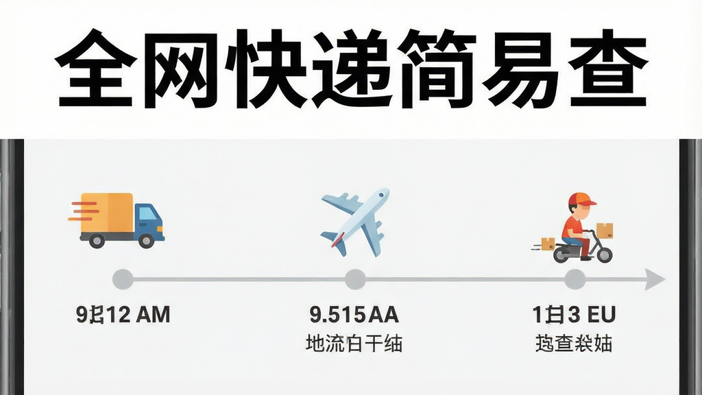 一张手机应用内页截图,顶部为醒目的“全网快递简易查”字样,中间部分以时间轴形式展示物流轨迹,每个节点配有生动的图标,如货车、飞机、快递员,时间与地点文字清晰可读,背景为白色与浅灰色的简洁搭配,整体设计扁平化,画质干净,无多余元素。