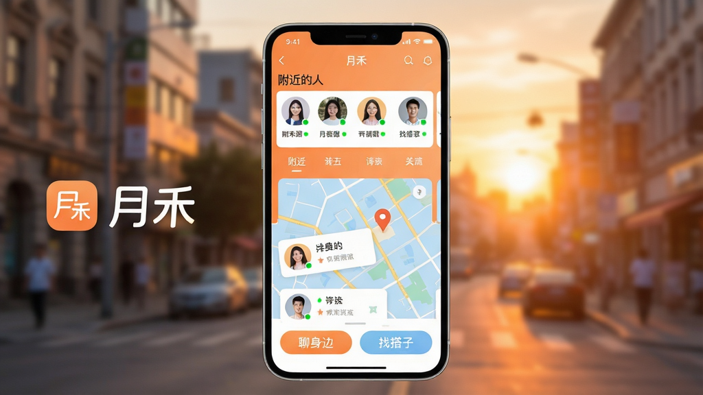 主体为一部大屏智能手机,屏幕中显示月禾交友APP的主界面,界面上方有“附近的人”列表和地图定位标记,背景是模糊的城市街景和温暖的日落光线。布局采用手机居中构图,屏幕内容清晰可辨,左侧有“月禾”品牌logo,下方有“聊身边”“找搭子”按钮。风格为现代扁平化设计,色彩明亮柔和,以暖橙色和浅蓝色为主色调。细节包括屏幕上的动态卡片、用户头像和在线状态绿点。画质为4K高清渲染,画面干净无多余元素,突出真实、亲近、便捷的社交氛围。