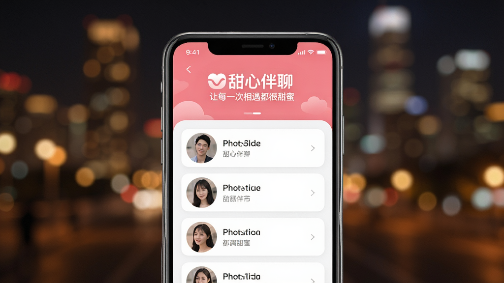 甜心伴聊APP主界面展示,手机屏幕显示附近用户卡片列表,背景是模糊的城市夜景,暖色调灯光,界面简洁现代,突出“甜心伴聊”logo和“让每一次相遇都很甜蜜”的标语,画质清晰,干净无多余元素