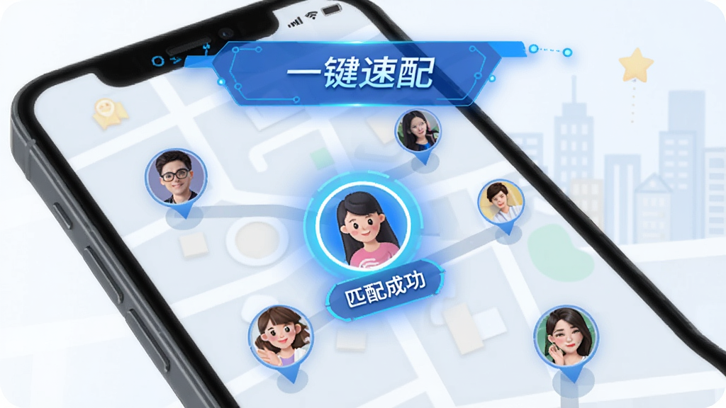 甜心伴聊功能示意图,手机地图上显示多个用户头像位置,其中一个头像高亮并显示“匹配成功”,背景为城市街道简图,蓝色科技感界面,搭配“一键速配”文字,画质清晰,干净无多余元素