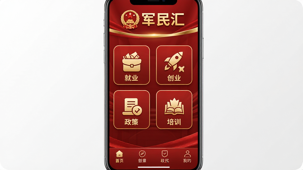 ͼƬչʾ������㡱APP�����棬�����Ժ�ɫ�ͽ�ɫΪ��ɫ��������Ϊ������㡱Logo�����ƣ��в�Ϊ����ҵ������ҵ�������ߡ�����ѵ���Ĵ���ͼ�꣬�ײ�Ϊ��������������ׯ�ش��������廭�ʣ��ɾ��޶���Ԫ��