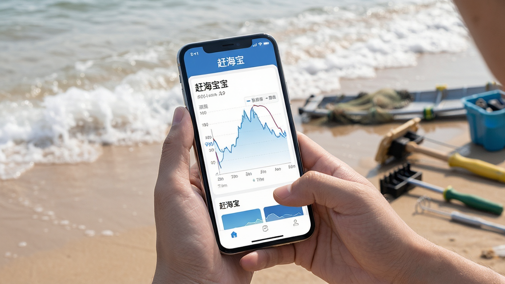 主体:赶海宝APP在手机上的使用场景,用户手持手机在海边查看潮汐信息。布局:用户手部特写,手机屏幕显示赶海宝界面,背景是海浪和沙滩。排版:手机屏幕清晰,潮汐曲线可见。风格:写实摄影风格,自然光线。细节:屏幕上有“赶海宝”字样,背景有赶海工具。画质:高清,干净,无多余元素。