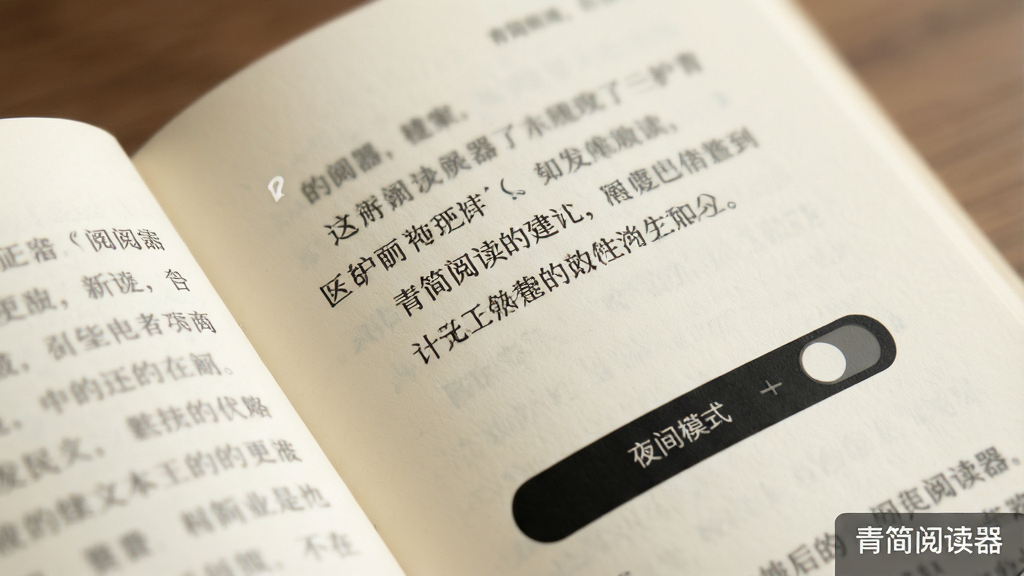 青简阅读器沉浸式阅读界面的特写,主体为打开的书页内容,布局是单栏排版,风格舒适护眼,细节展示可调节的字体和夜间模式开关,画质柔和清晰,干净无多余元素,界面角落标注“青简阅读器”
