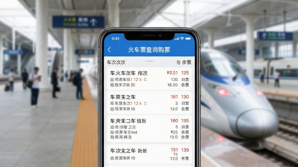 一张智能手机屏幕特写,屏幕正中间显示“火车票查询购票”应用界面,界面清晰展示车次列表、票价与余票信息,手机背景是模糊的高铁站台,整体风格现代简洁,画质干净,无多余元素