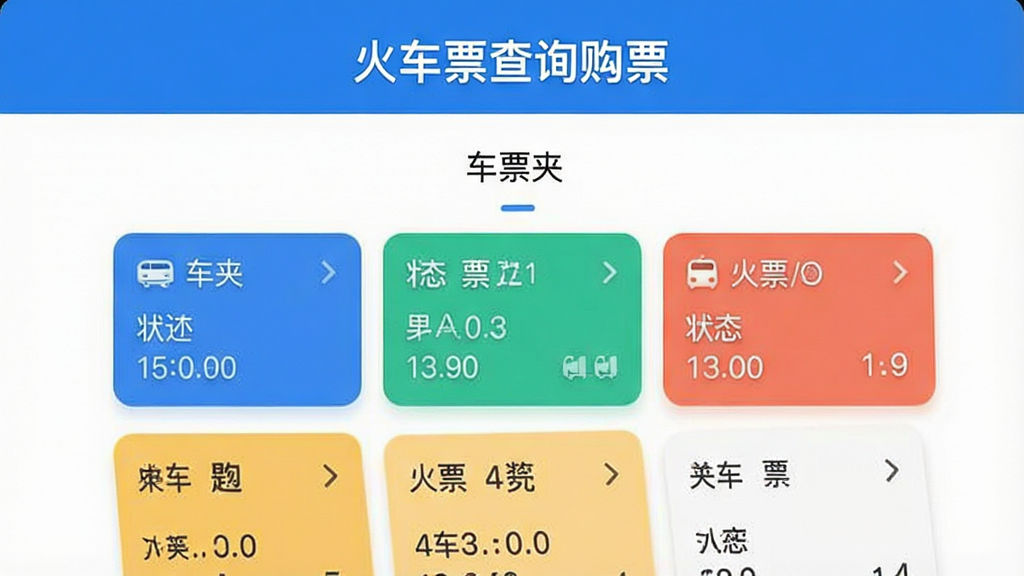 火车票查询购票应用界面设计稿,主体为行程管理页面,上方显示“车票夹”分类标签,下方以卡片形式展示不同状态的车票订单,布局规整,配色清爽,软件名称“火车票查询购票”以标题形式置于屏幕顶部,画质干净,无多余元素