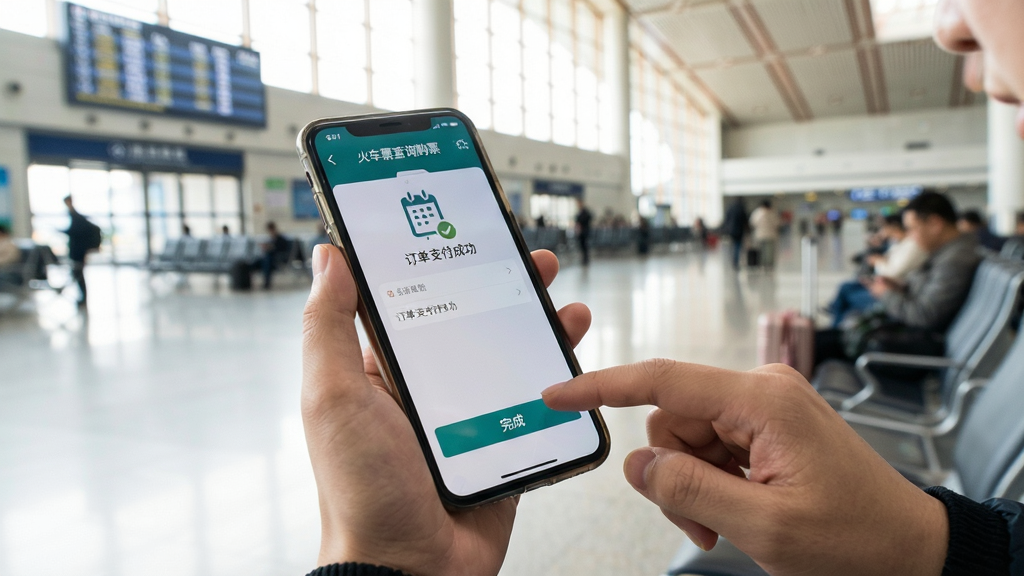 一张用户手持手机使用“火车票查询购票”应用的实拍图,屏幕显示订单支付成功页面,人物手指点击“完成”按钮,背景为明亮的候车大厅,构图自然,画质真实干净,无多余元素