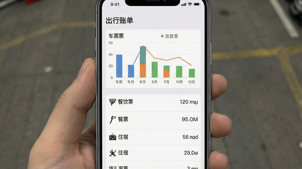一张手机界面截图,顶部显示“出行账单”字样,下方以柱状图与列表形式展示车票、餐饮、住宿等分类支出,主体为数据统计面板,布局简洁明了,背景色为浅灰色,画质干净,无多余元素