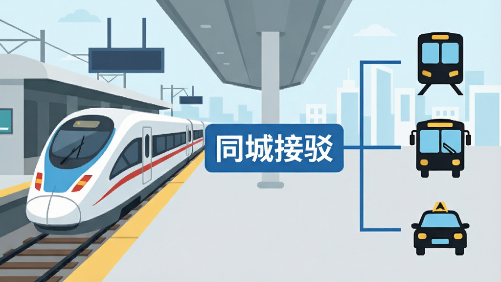 一张功能示意图,主体为城市交通枢纽场景,画面左侧是一列高铁进站,右侧是地铁、公交和网约车的图标,画面中央有连接线将火车与接驳工具串联,配文“同城接驳”,采用扁平化插画风格,画质干净,无多余元素