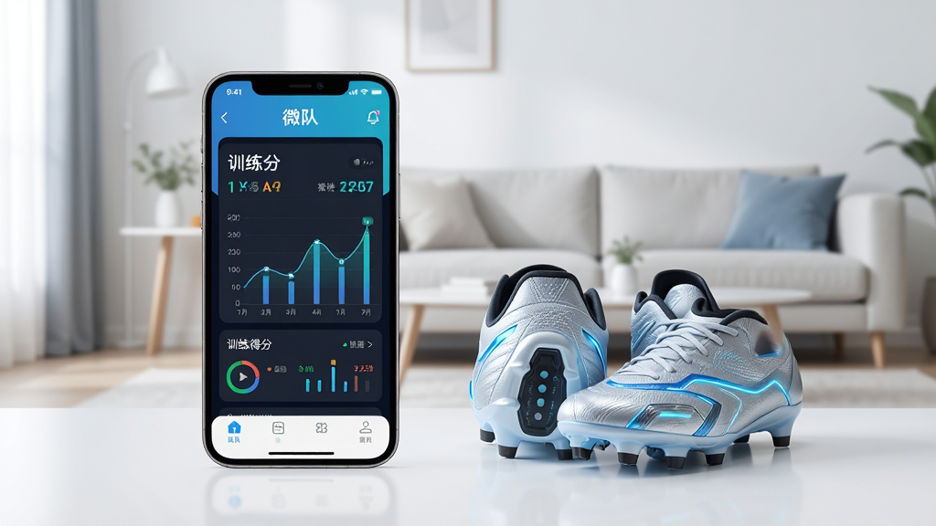 主体:微队APP界面与智能足球鞋的合影,手机屏幕显示训练数据图表,旁边放置一双带有科技感的足球鞋。布局:手机在左,球鞋在右,背景为简约家庭客厅。排版:居中构图,留白适中。风格:科技感与现代感结合,色调明亮清新。细节:手机屏幕中显示“微队”字样与训练得分,球鞋鞋底有传感器细节。画质:8K超高清,干净无多余元素。