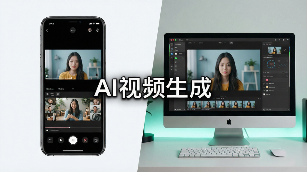 一张展示AI视频生成软件在手机和电脑上运行的对比图,左侧是手机屏幕显示生成视频的界面,右侧是电脑模拟器运行画面,中间有“AI视频生成”字样,布局清晰,风格现代,画质高清。