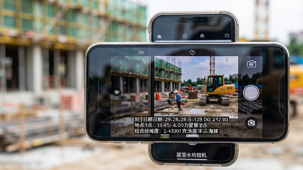 主体:一部智能手机正在使用“匿答水印相机”拍摄建筑工地场景,屏幕取景框中清晰显示日期、时间、地点等水印文字。布局:手机位于画面中央偏右,取景画面占据屏幕大部分,水印文字在屏幕下方整齐排列,背景为模糊的工地实景。排版:手机屏幕内水印信息分两行展示,第一行为日期时间和地点,第二行为经纬度与海拔,文字清晰可读。风格:写实摄影风格,光线明亮自然,色彩真实,突出“所见即所得”的拍摄效果。细节:手机屏幕玻璃有轻微反光,水印字体为白色带黑色描边,底部有“匿答水印相机”应用名称。画质:8K超高清,细节丰富,干净无多余元素。