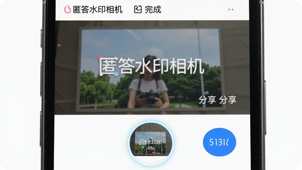 主体:手机屏幕显示“匿答水印相机”拍摄完成后的界面,底部有刚拍摄的照片缩略图。布局:主画面为刚刚拍摄的带水印照片,底部中央为缩略图,右侧有“分享”按钮。排版:缩略图为圆形,分享按钮为蓝色,下方有“微信”、“QQ”等分享图标。风格:现代简约风格,色彩明亮。细节:照片水印清晰,缩略图有微光边框。画质:高清,干净无多余元素。